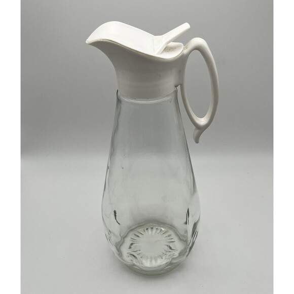 Vintage 1970’s Log Cabin Clear Glass Maple Syrup Dispenser/Pitcher W/ White Lid - Picture 1 of 6